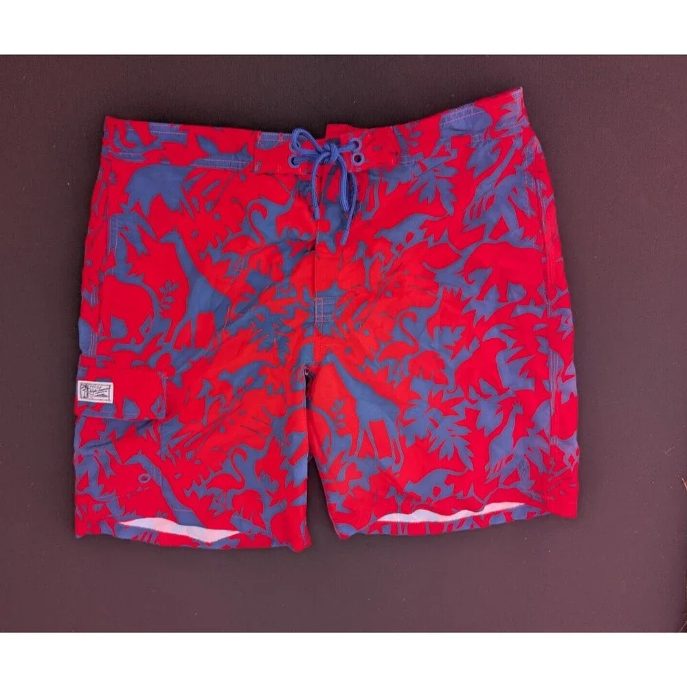 Vintage Polo Ralph Lauren Board Shorts Large Lined Red Blue Animals